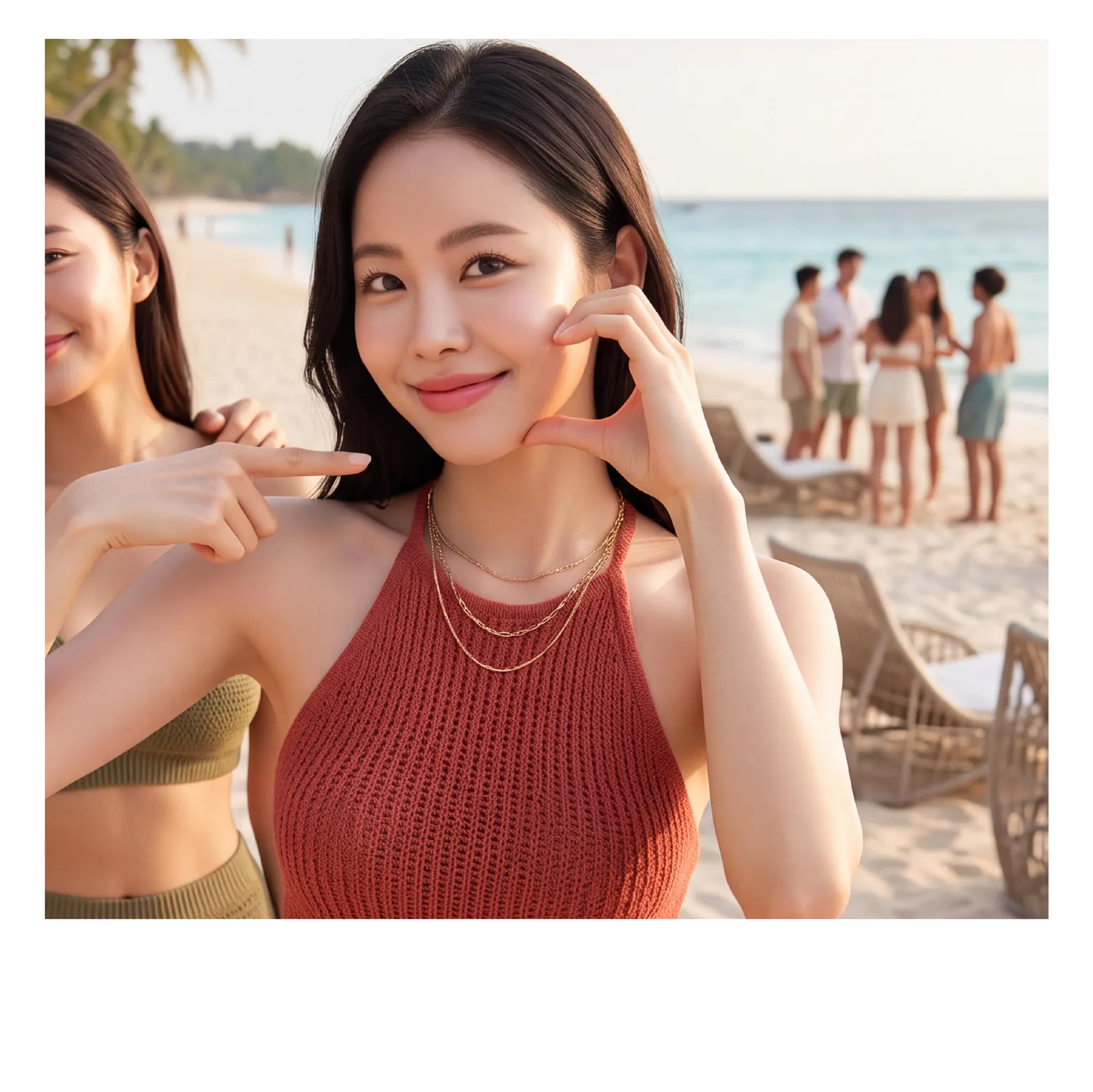ผู้หญิงกำลังพักผ่อนกับเพื่อนที่ชายหาด